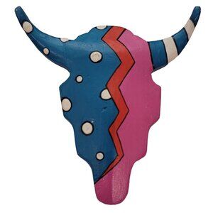 Bull Head Pink Blue Polka Dot Carved Wood, Cattle Pin E493